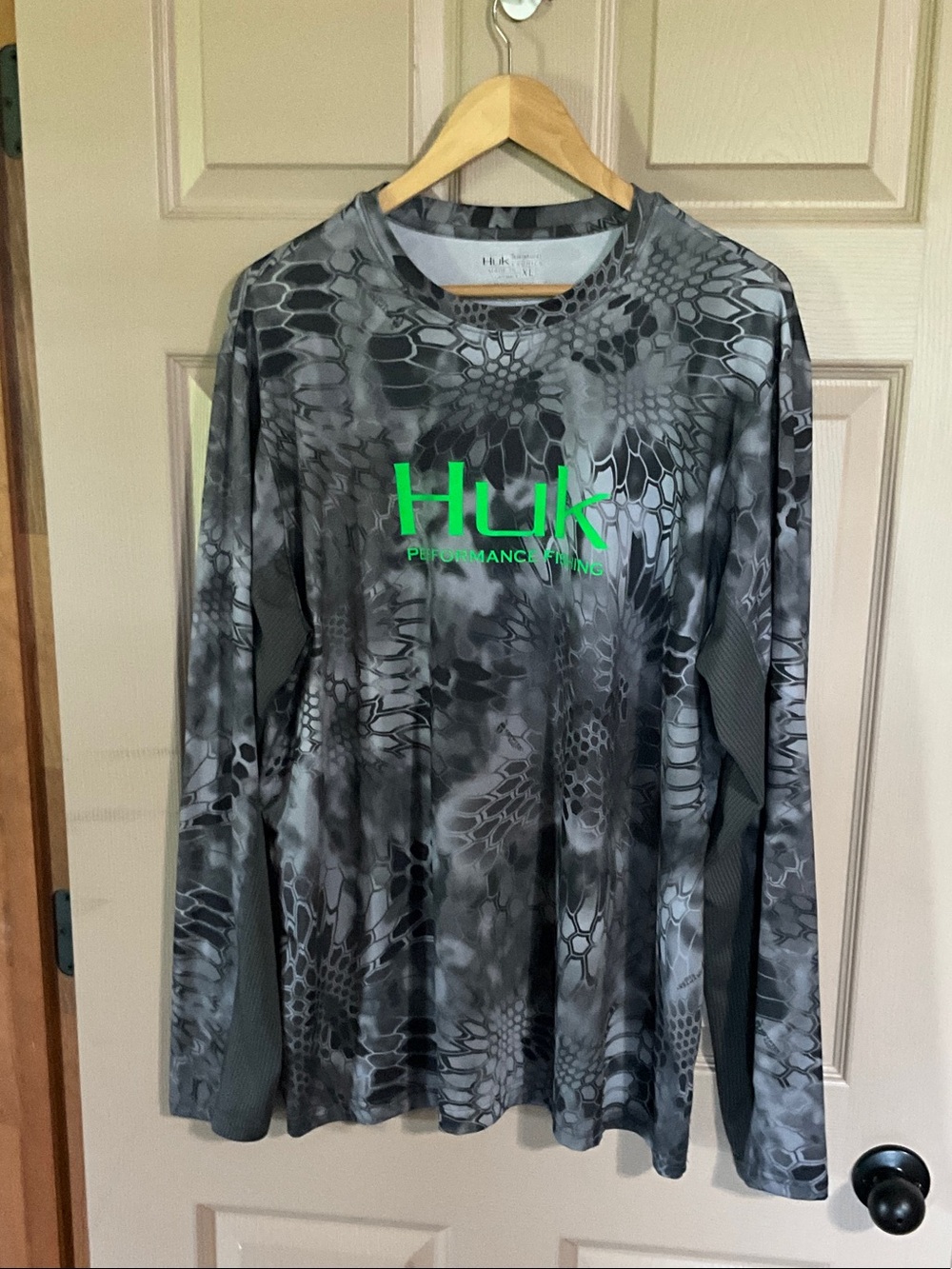 Huk Grey Camo Long Sleeve Shirt with Neon Green Logo
